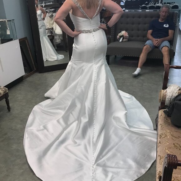 SAMPLE Mikado Wedding Dress, Ivory Mermaid Fit and Flare Sexy, BLING straps - Picture 3 of 10